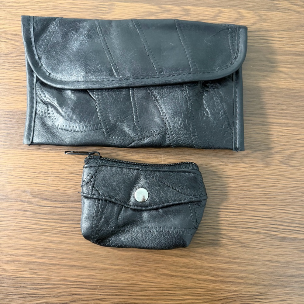 Black Patchwork Lambskin Leather Pouch‎ and Coin Purse Set